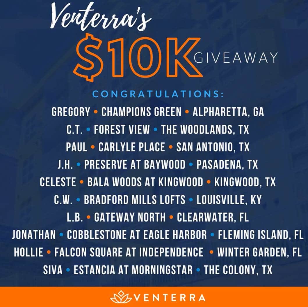 Venterra's 10K Giveaway Winners