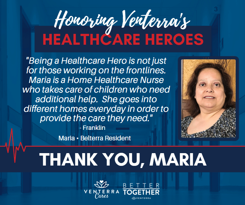 Honoring Healthcare Hero Maria- blue square with text