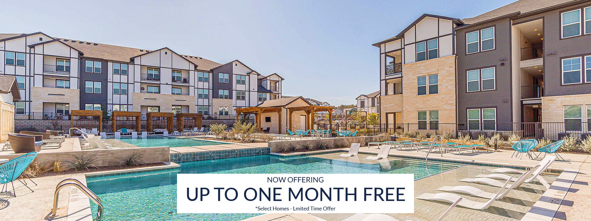 Modern apartment complex, Avasa at 1604, features a swimming pool, lounge chairs, and cabanas; promotional banner reads "Up to One Month Free" for select homes.