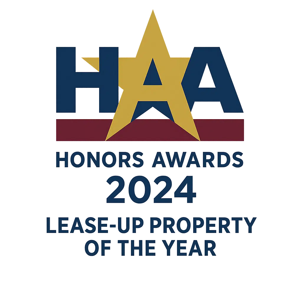 Logo with a large yellow star and blue text reading "HAA Honors Awards 2024 Lease-Up Property of the Year" on a dark background.