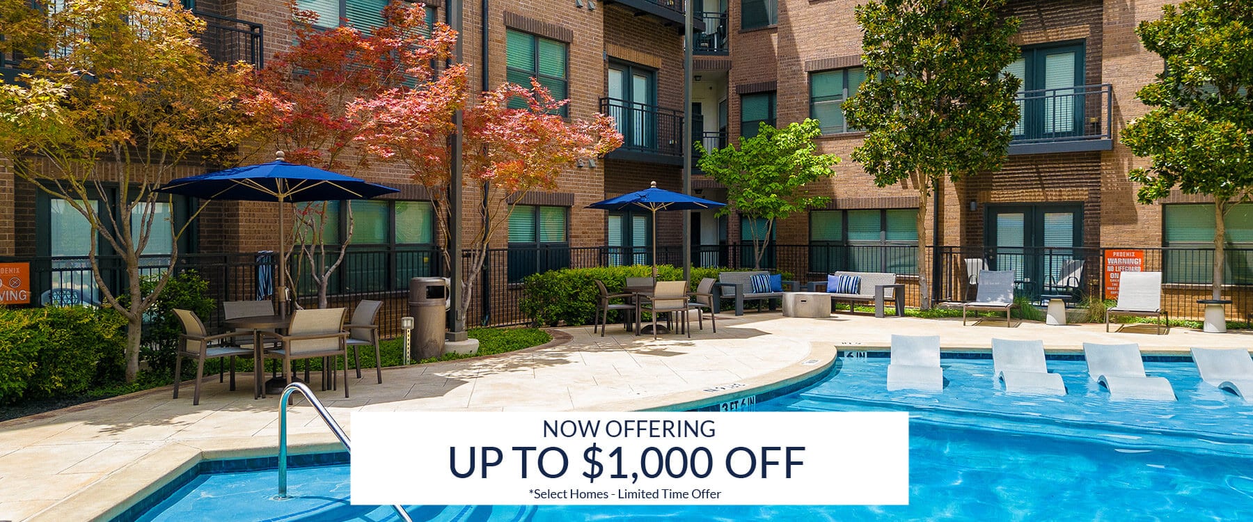 Outdoor pool area at The Phoenix apartment complex features lounge chairs, umbrellas, and trees. Banner text reads: "Now offering up to $1,000 off. Select homes. Limited time offer.
