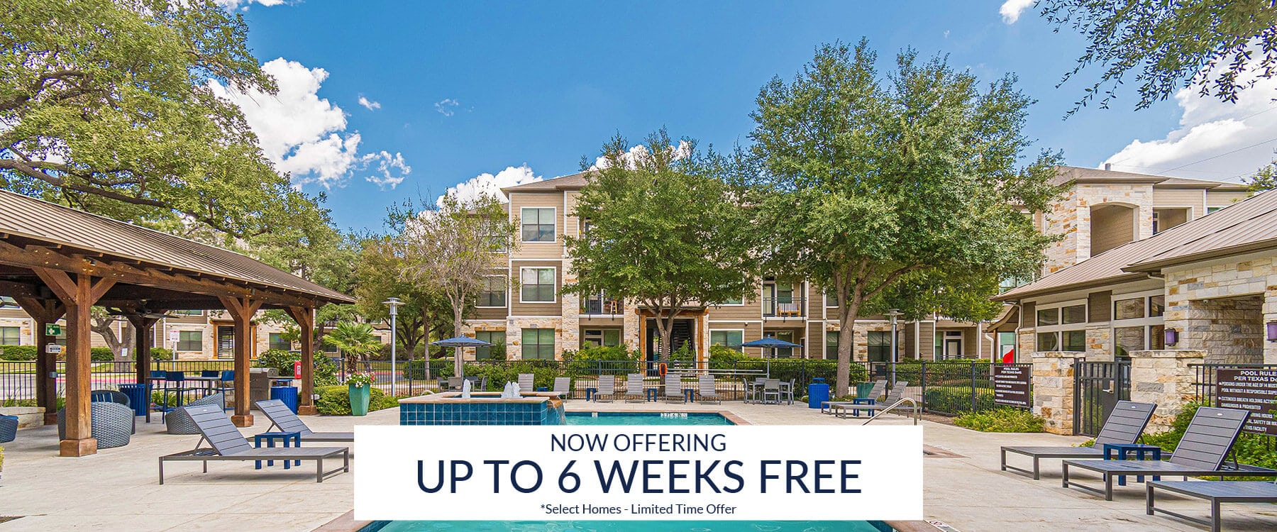 The Westover Oaks swimming pool area features lounge chairs, a gazebo, and text reading: “NOW OFFERING UP TO 6 WEEKS FREE *Select Homes - Limited Time Offer.”