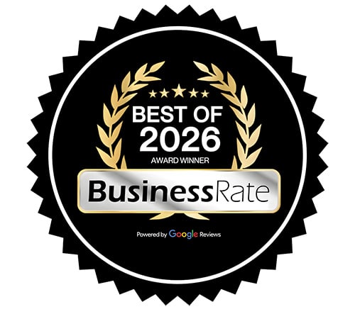 A black and gold badge reads "Best of 2026 Award Winner, Business Rate," featuring a botanic-inspired laurel wreath design and "Powered by Google Reviews" at the bottom.