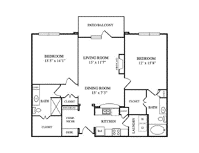 A 2D floorplan layout of an apartment with detailed room descriptions and dimensions.