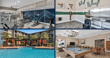 A photo collage showcasing four different apartment community amenities: a fitness center, a pet wash station, a pool, and a game room.